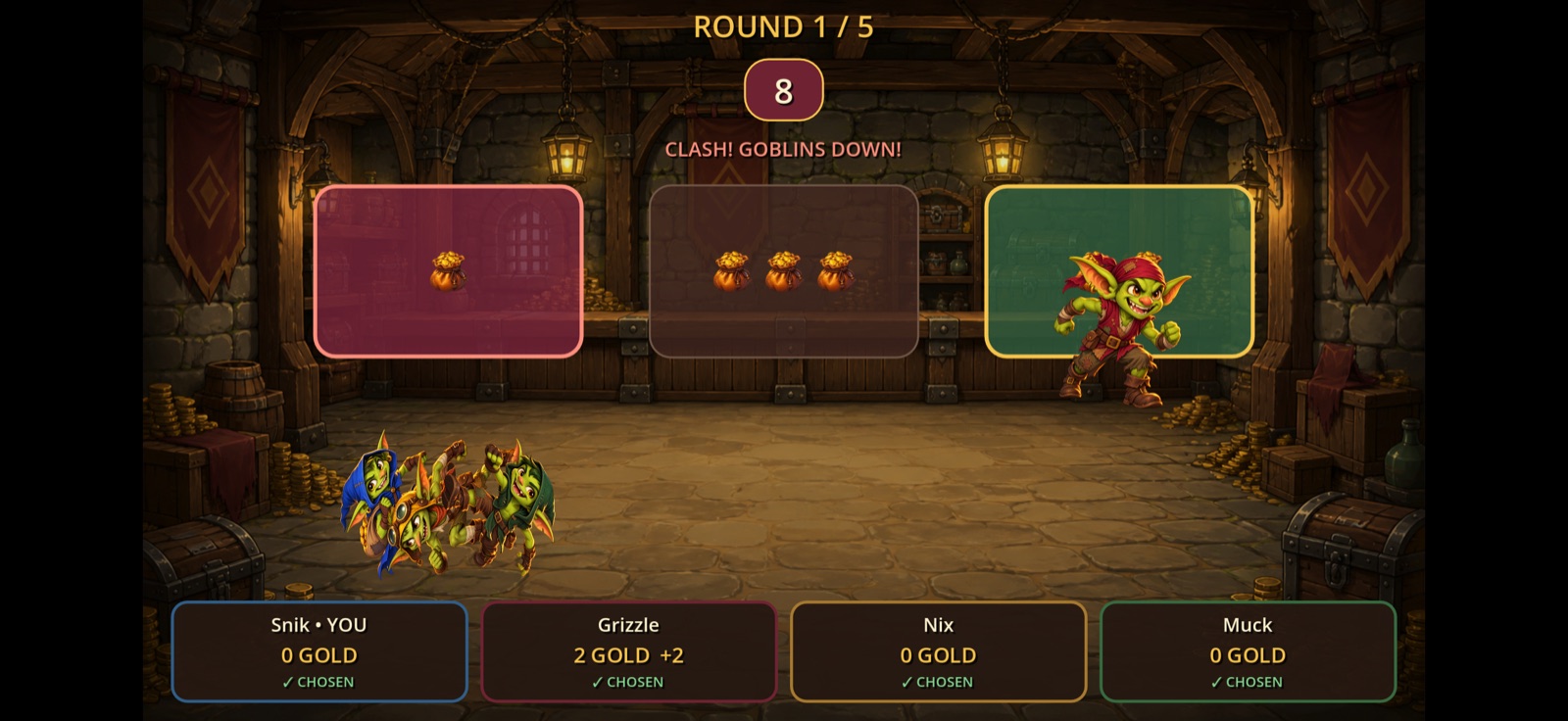 Goblins racing toward gold purses and colliding in Goblin's Greed
