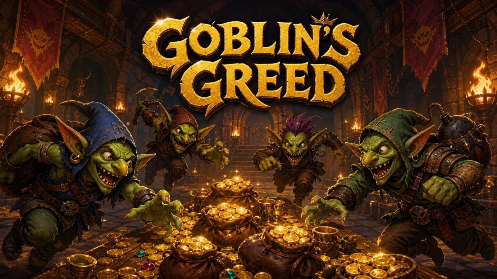 Four goblins racing toward a table covered with gold purses